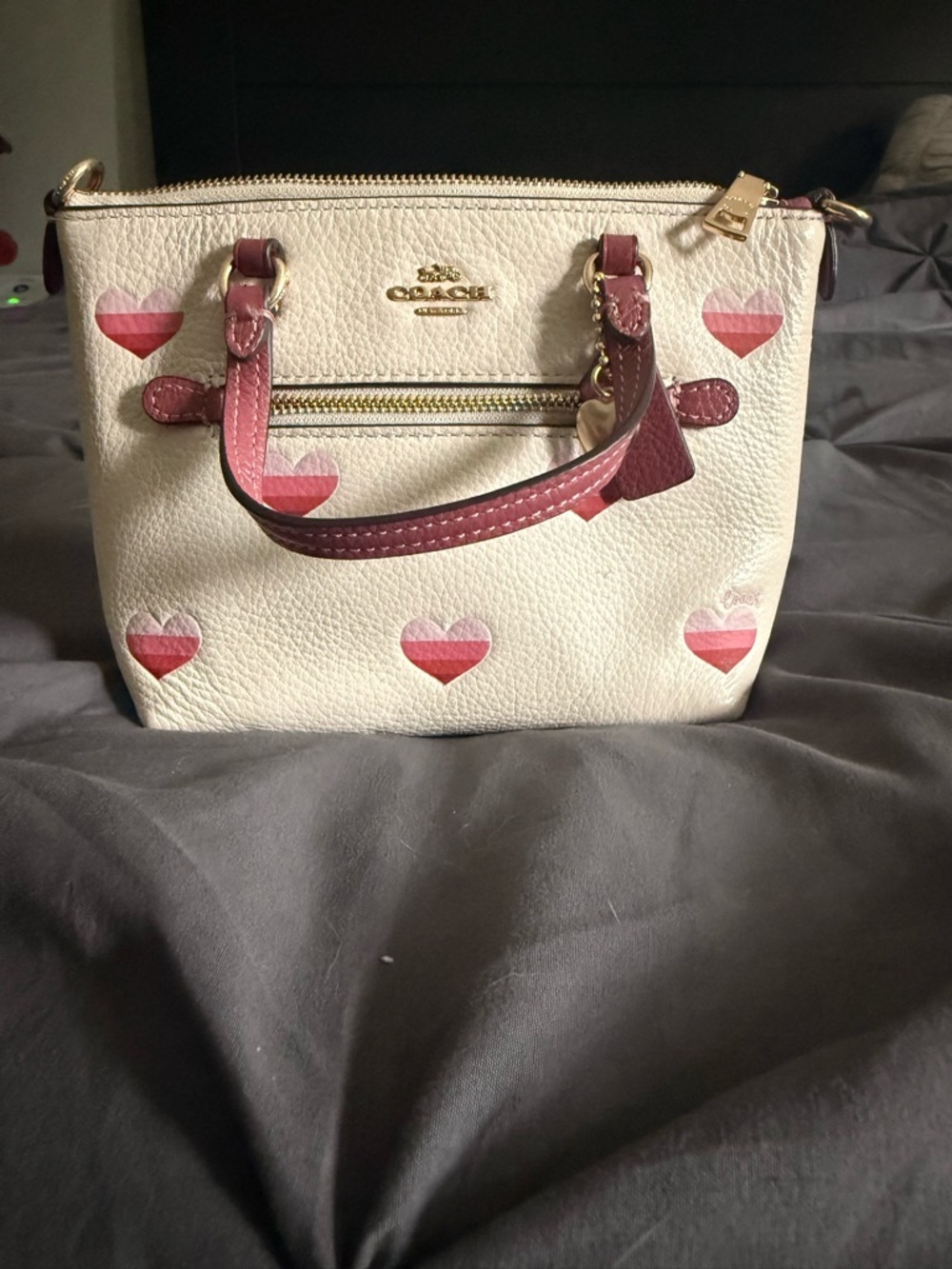 Coach Cream Satchel with Pink Heart Print and Pink Trim